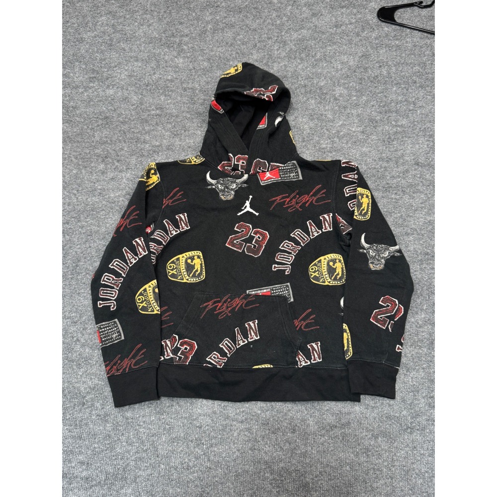 Jordan Boys Black All‎ Over Print Championship Ring Flight Hoodie Size L 12-13Y